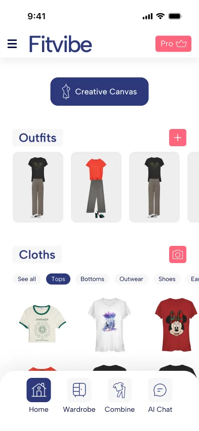 FitVibe home screen with outfits and clothes